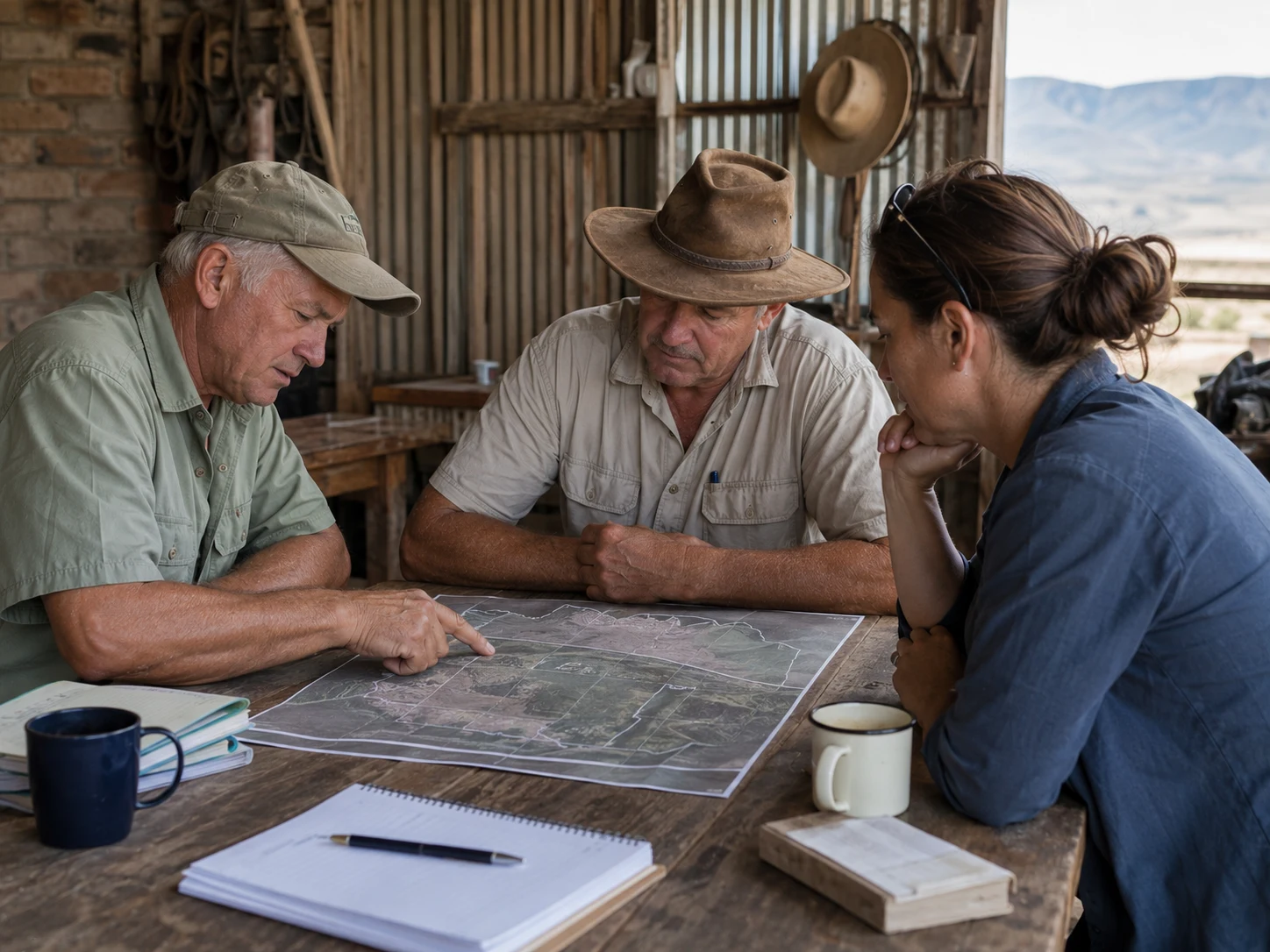 Three farmers reviewing a farm polygon map during an initial enrolment discussion.