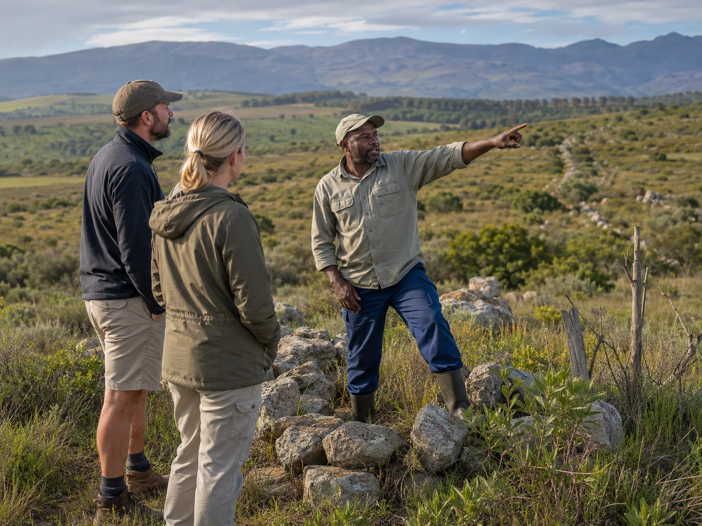 A local land steward explaining the restoration landscape to two visitors.