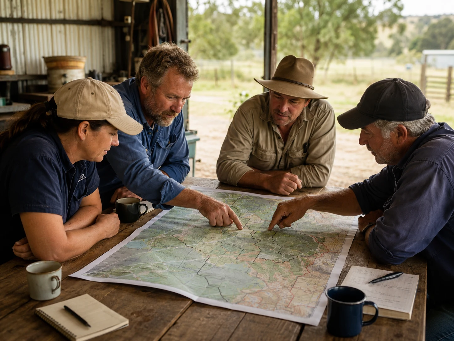 Farmers comparing property boundaries and restoration routes on a large map.