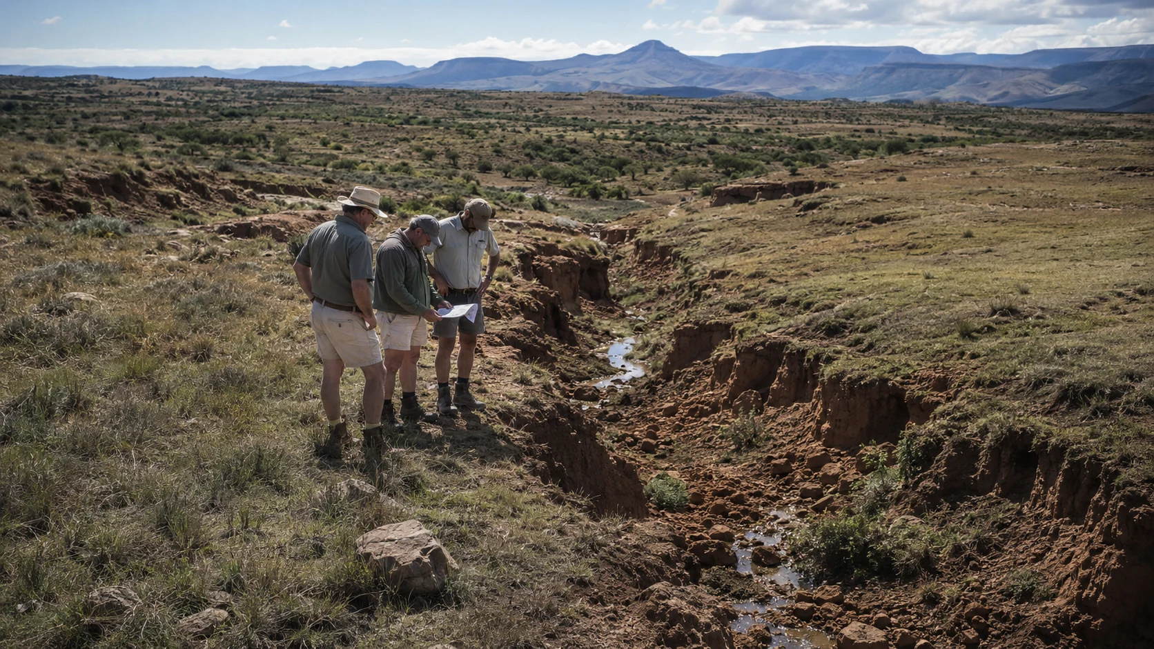 Farmers examining a severe erosion channel on working farmland.
