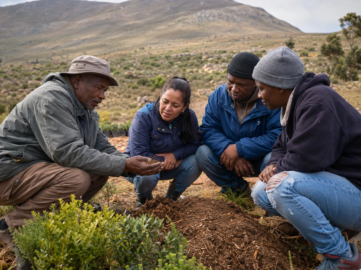 A South African farmer and adult learners examine restoration and conservation work together in the field.