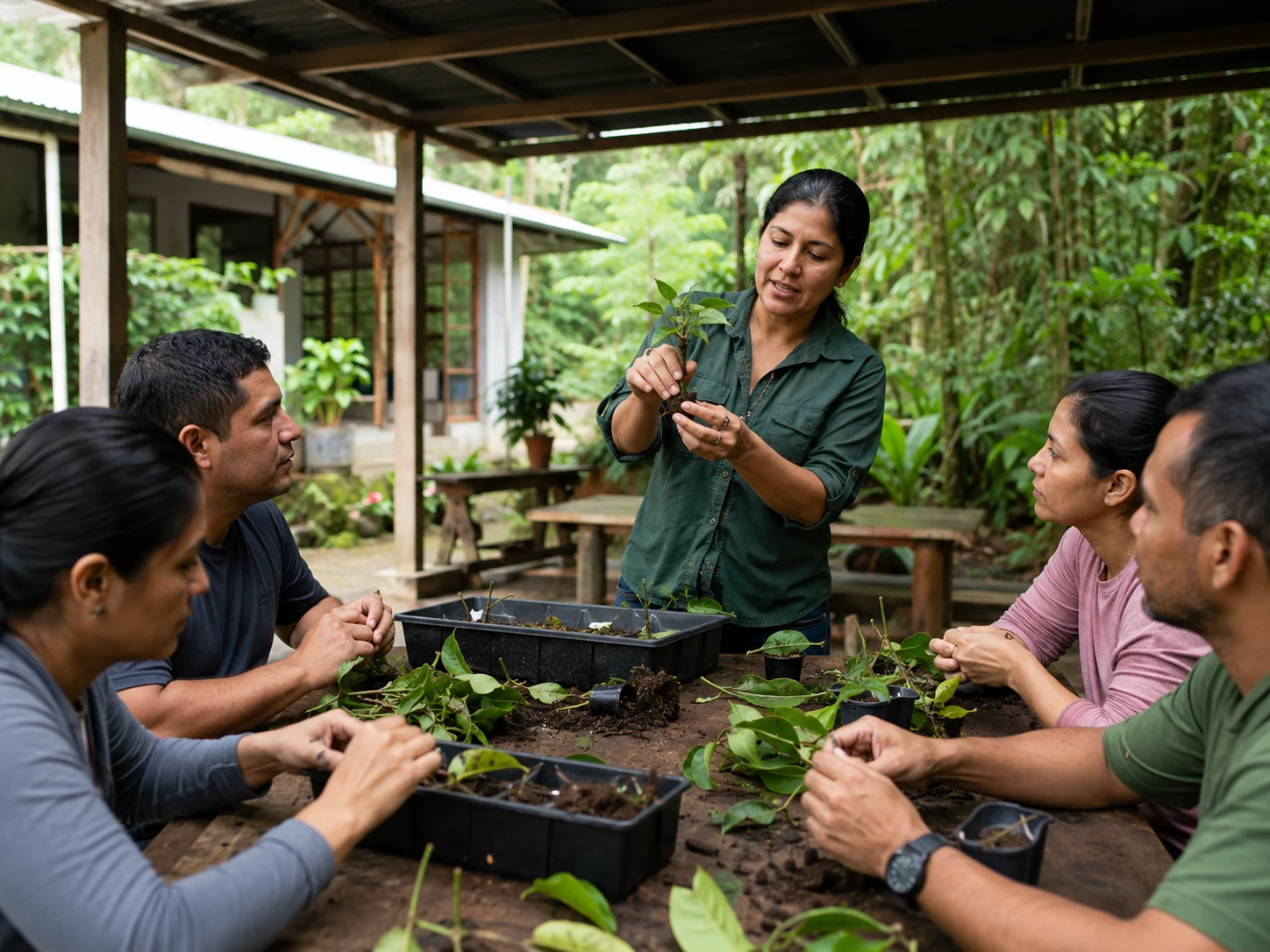 Adult learners and educators work in a professionally organised ecological learning setting in Costa Rica.