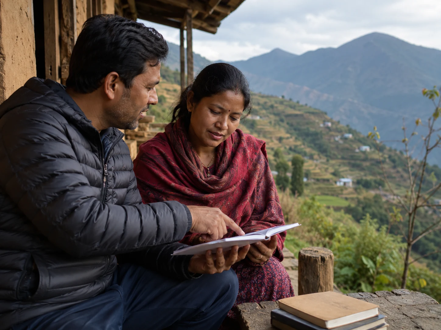 An adult learner in Nepal discusses a learning pathway with a local educator.