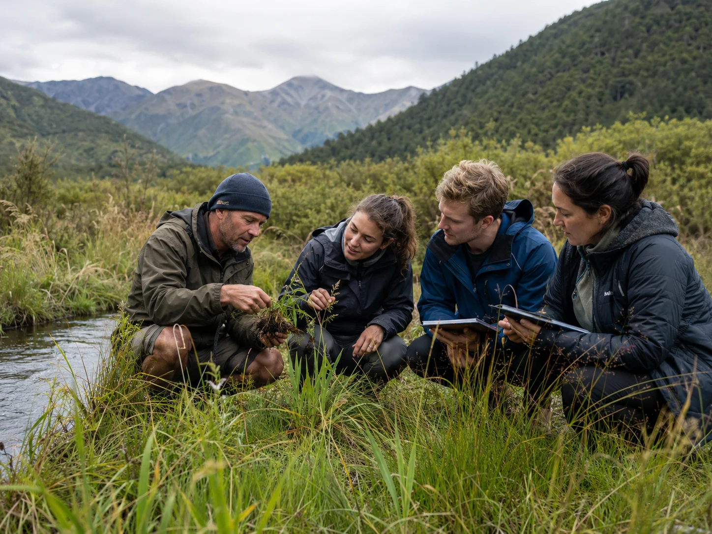 A researcher, farmer and adult learners in New Zealand investigate an ecological field question together.
