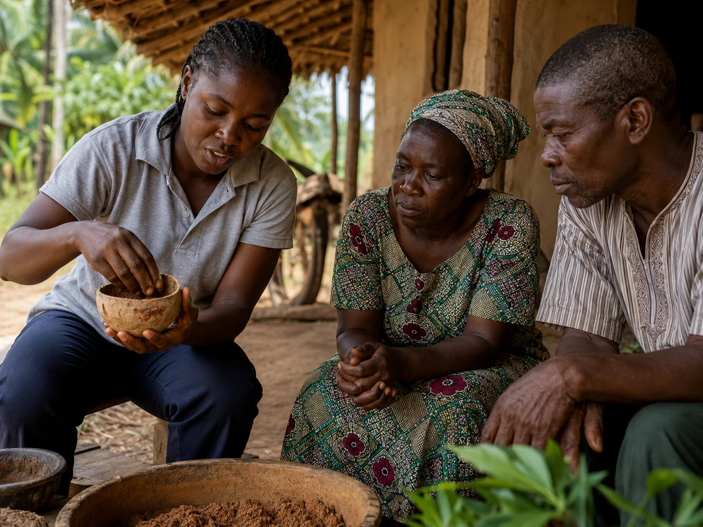 A community educator in Ghana teaches adult learners through practical demonstration.
