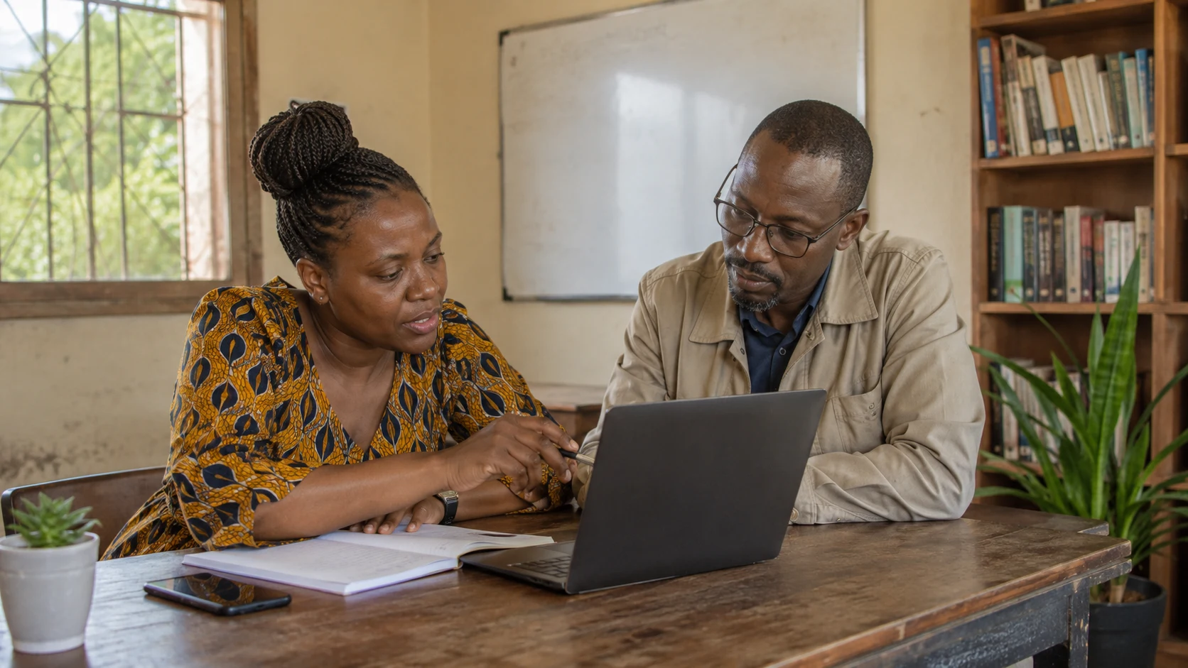 An adult learner reviews supported study work with an educator using a notebook and laptop.