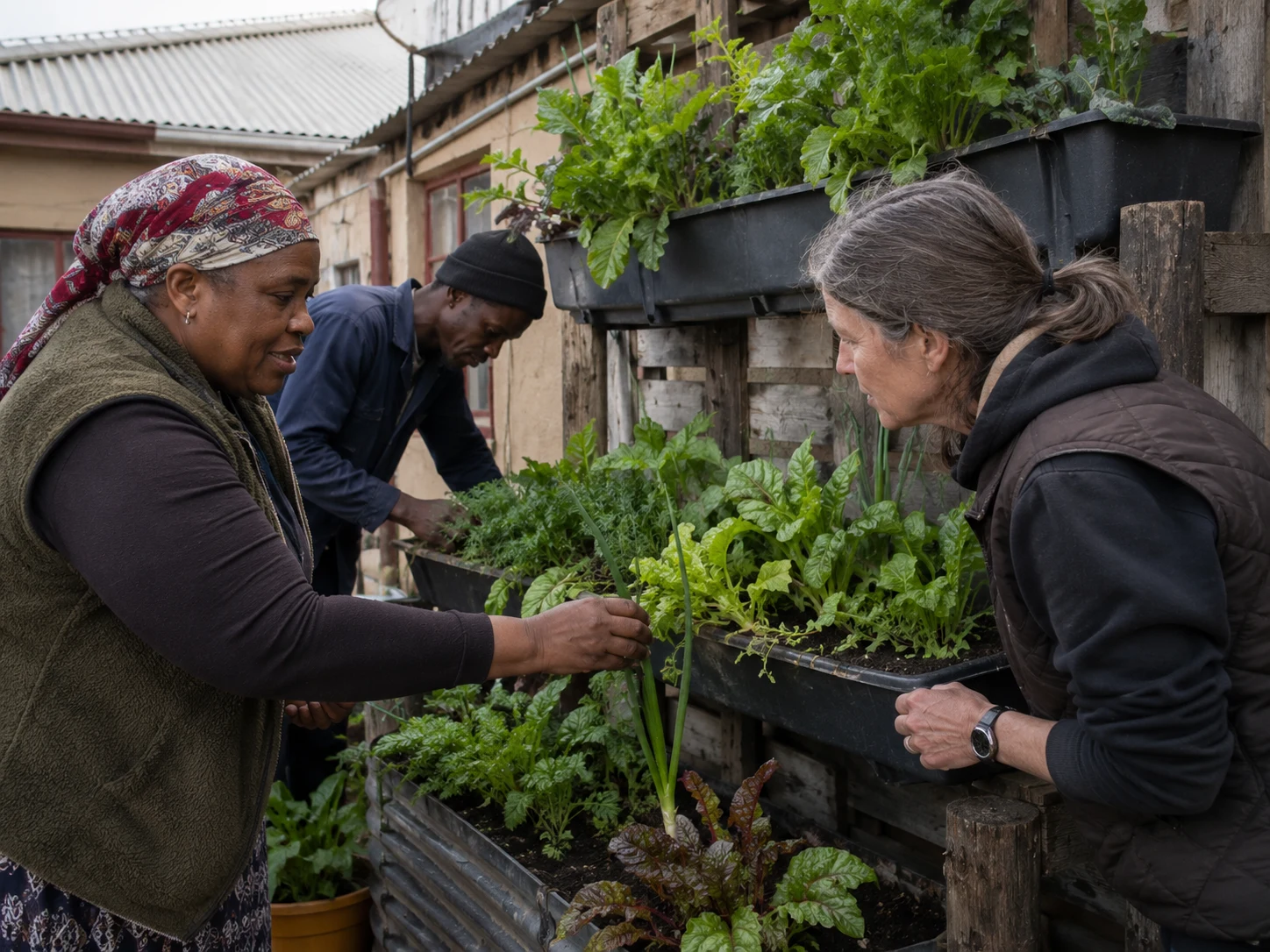 A Mama discusses vertical food growing with another practitioner beside a productive community garden.