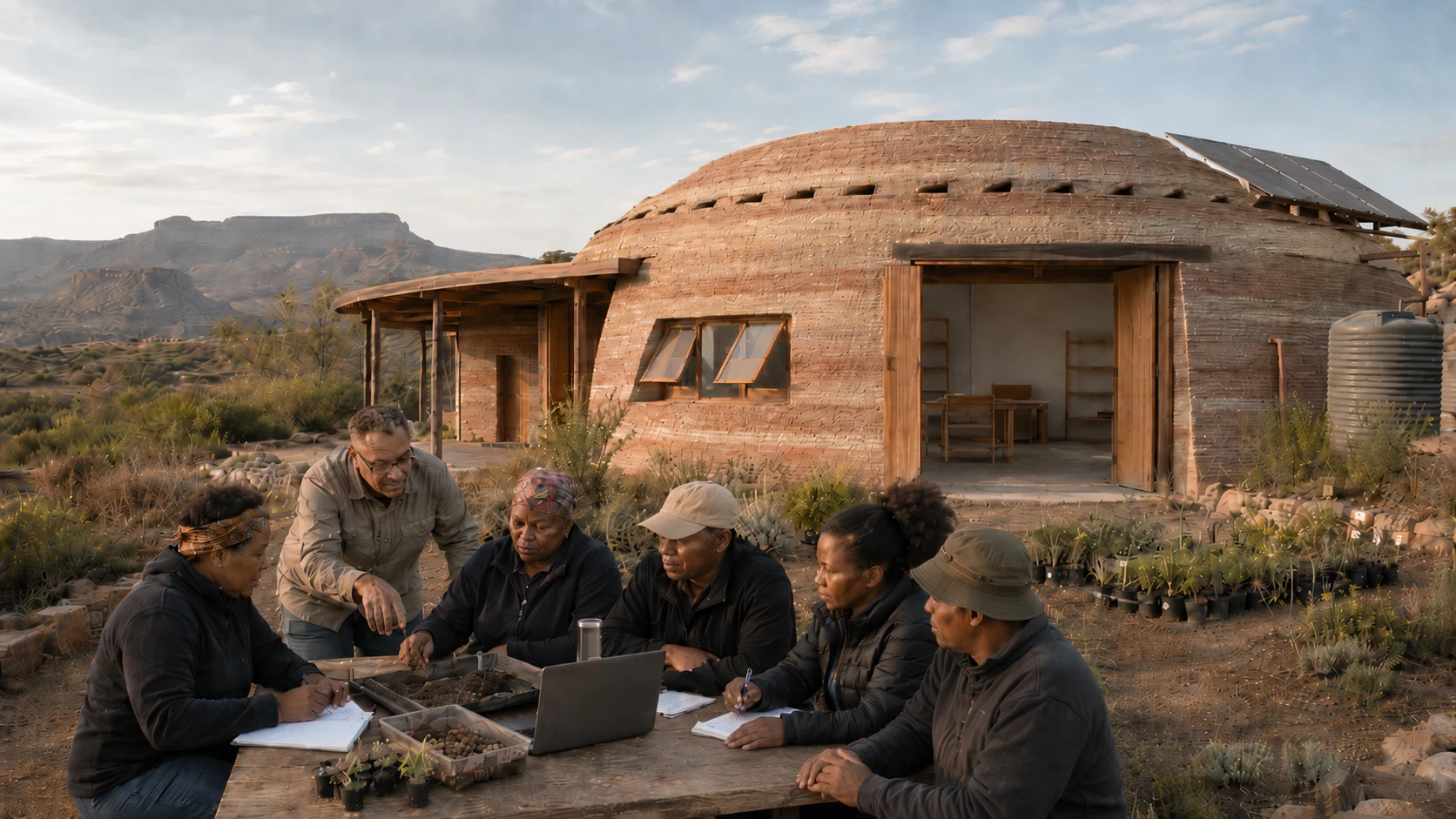 Architectural visualisation of adult learners and educators working outside a planned rammed-earth EduTower Studio in a semi-arid Cape landscape.
