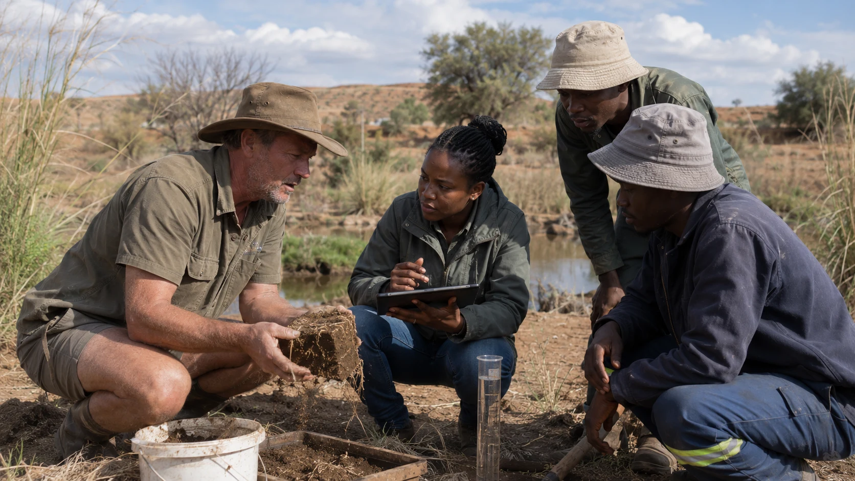 A South African farmer holds up a soil and root sample beside a river while three adult learners observe and record measurements.