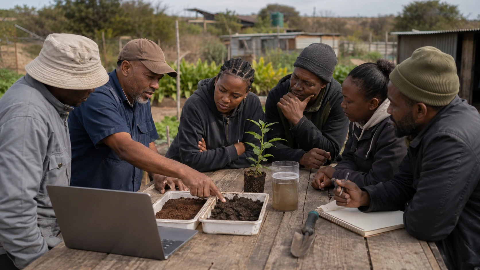 A South African farmer points to soil samples on an outdoor table while five adult learners gather around him with a laptop.
