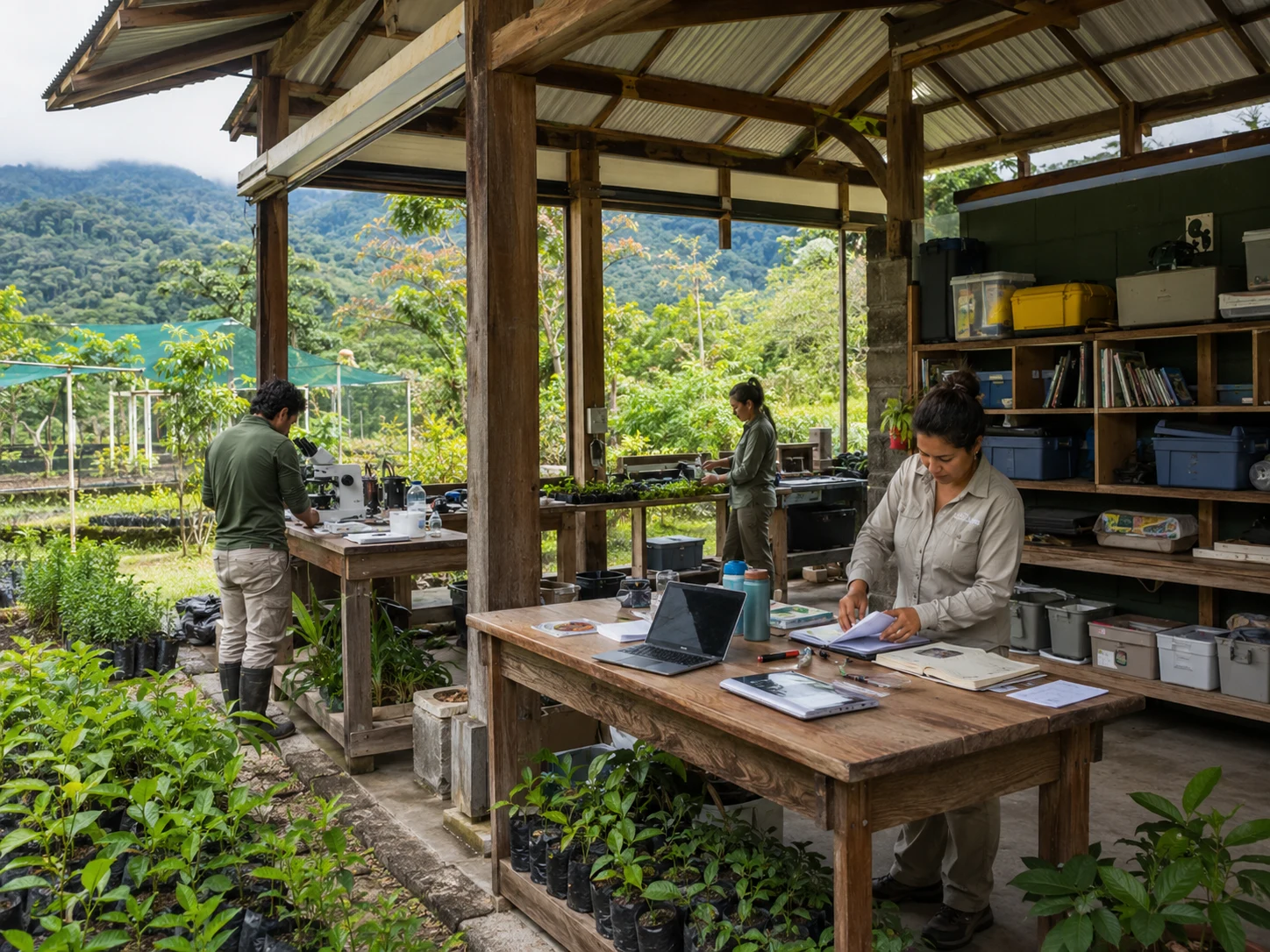 Educators in Costa Rica work at microscope and laptop stations inside a covered field station overlooking rainforest.
