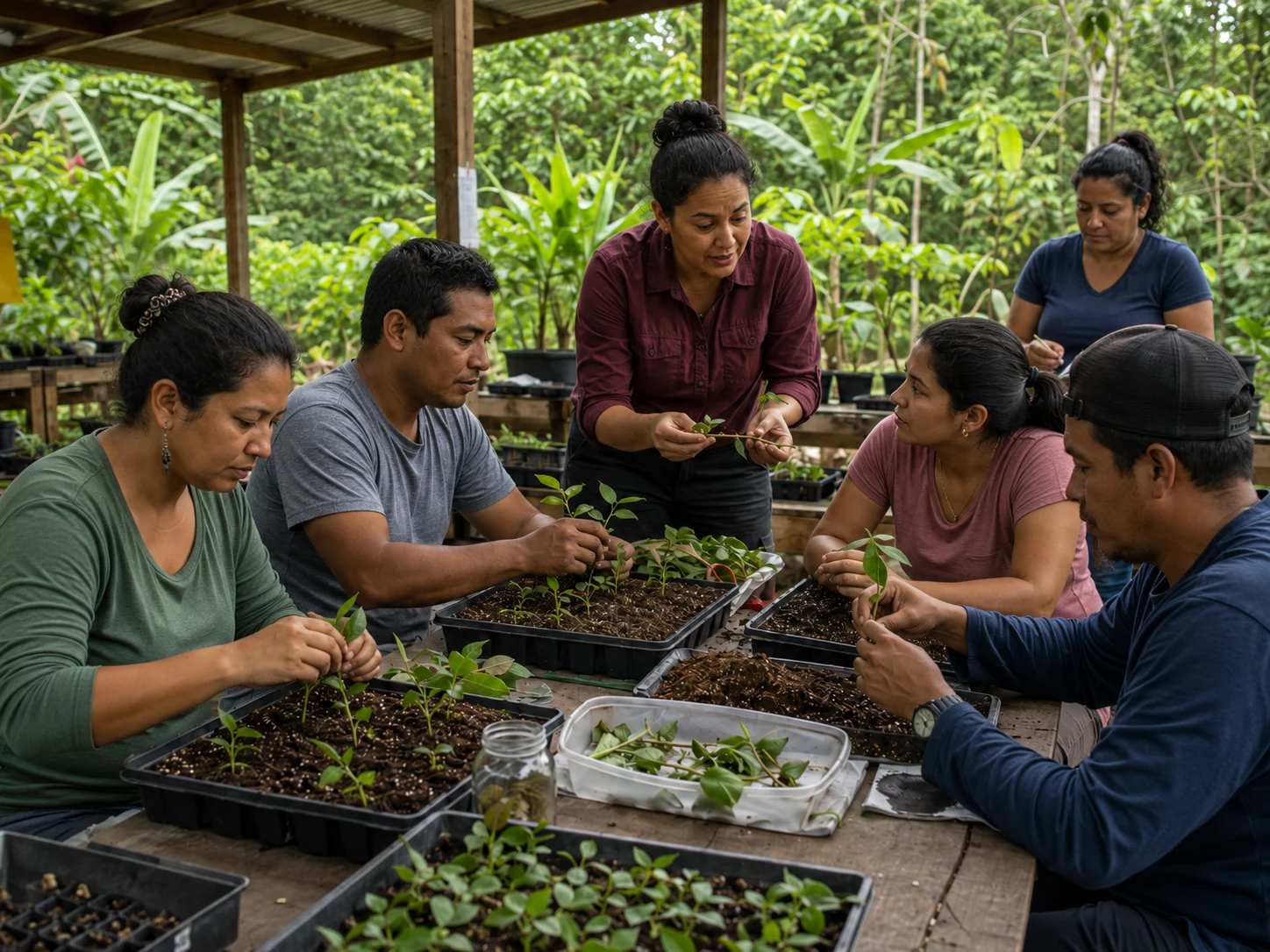 Educators and adult learners in Costa Rica pot seedling cuttings together at an outdoor table.