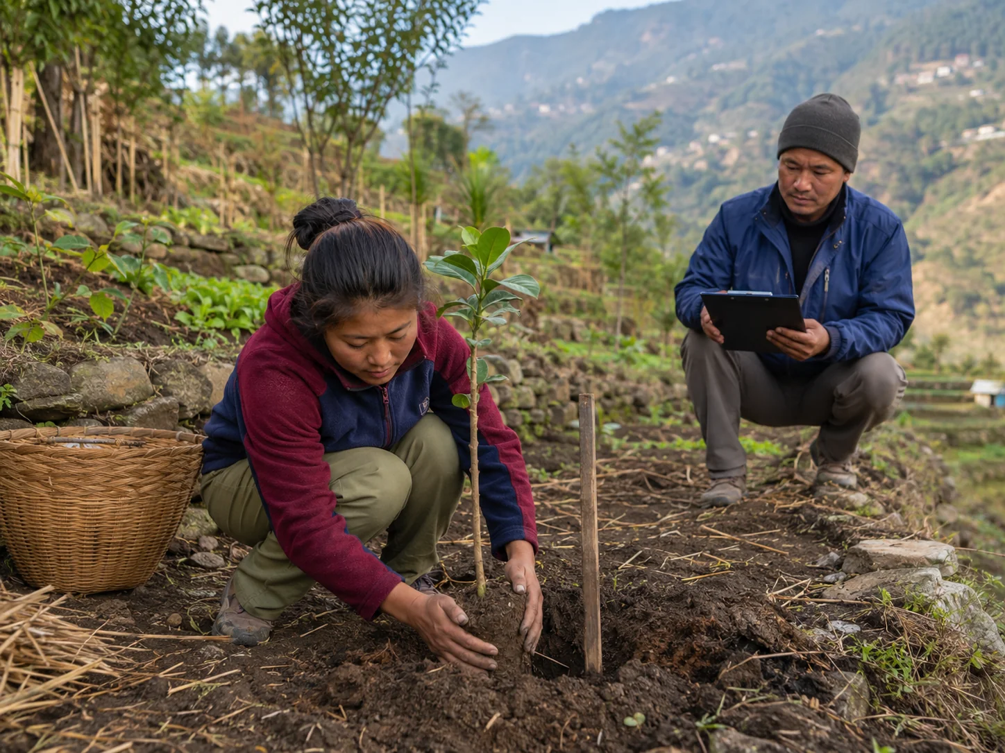 A woman in Nepal plants a young tree unassisted while a man observes and records the work.
