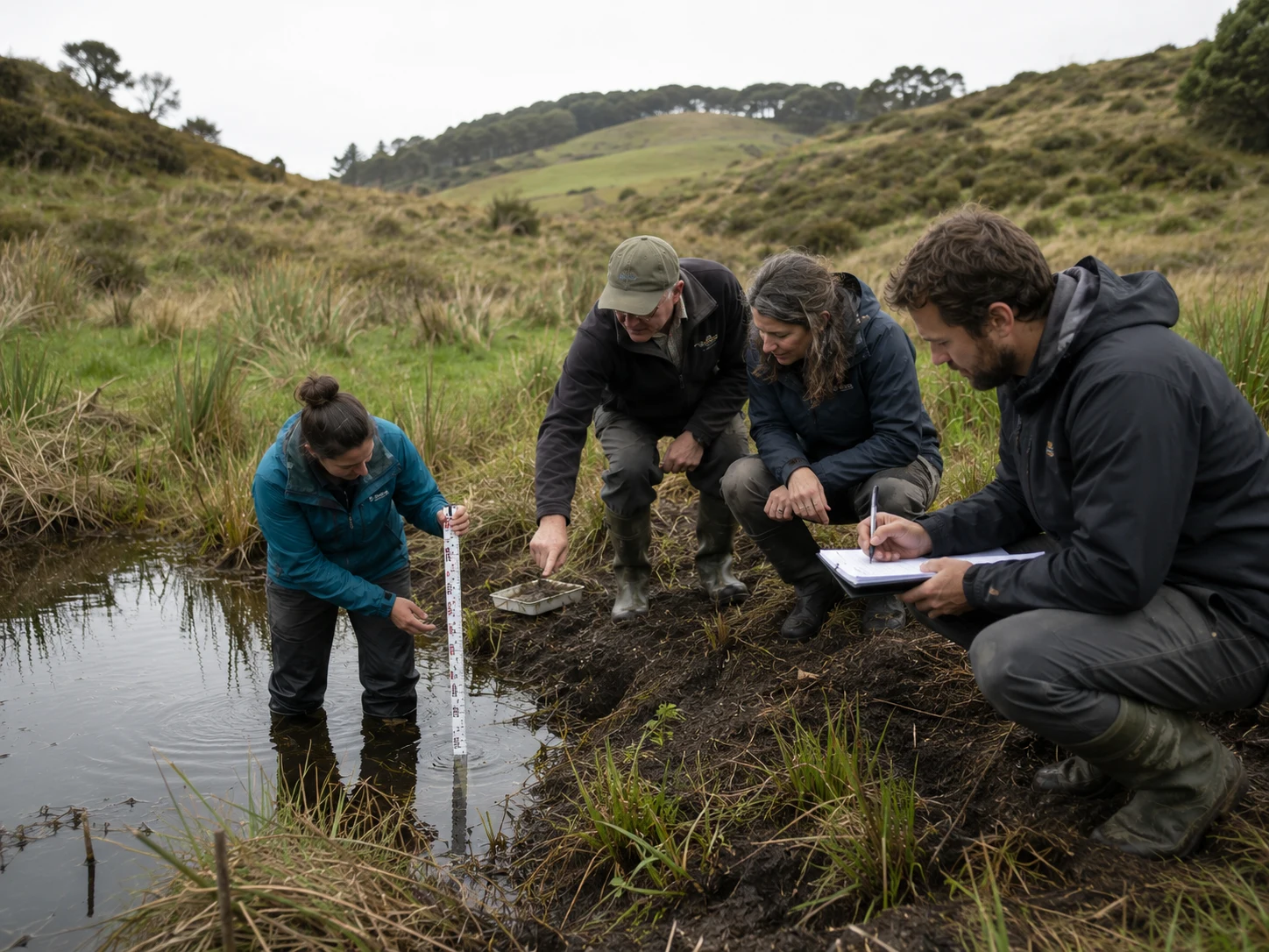 A researcher stands in a New Zealand wetland stream holding a depth gauge while three adult learners observe and record measurements at the water's edge.