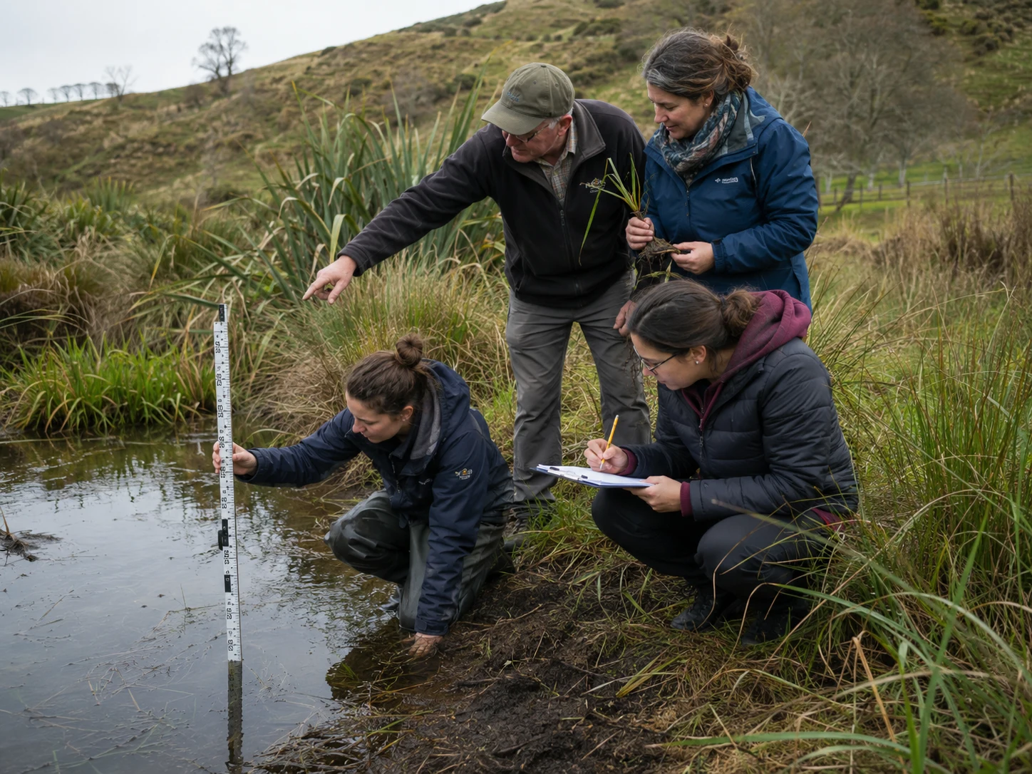 A land steward in New Zealand points across a wetland while three adult learners measure water depth and record notes.