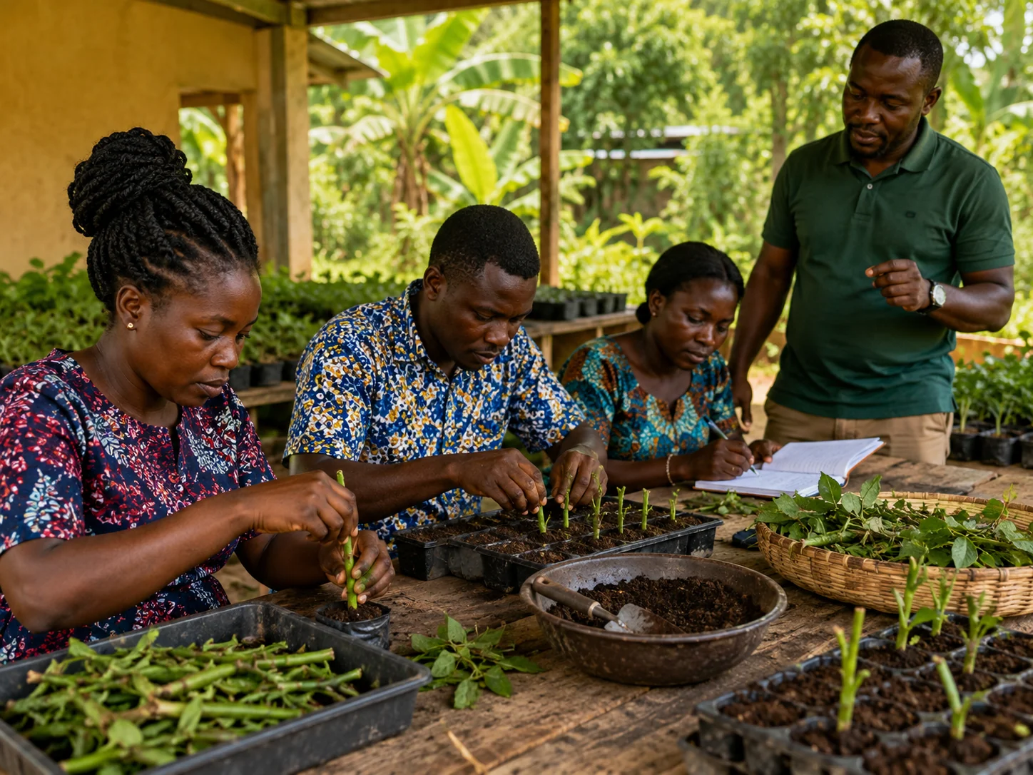 Four adult learners in Ghana pot their own seedling cuttings at a table while a practitioner observes and guides them.