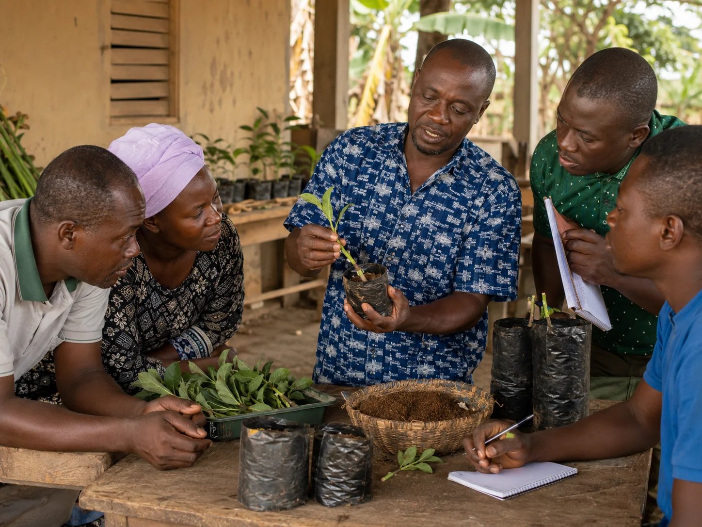 A practitioner in Ghana holds up a seedling and explains a propagation decision to four adult learners gathered around him.