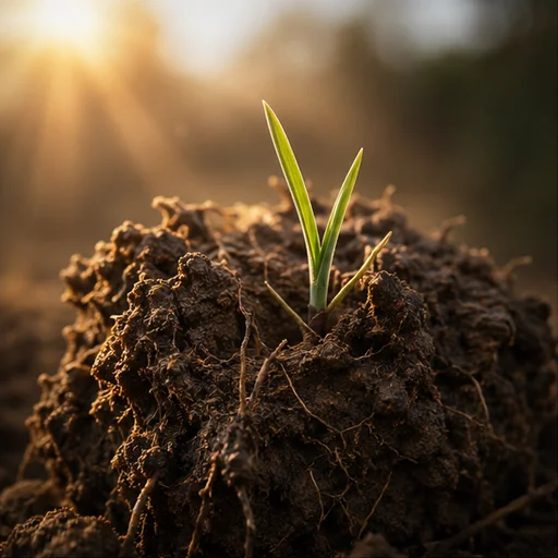 A green seedling rising from a clod of dark, living soil at first light