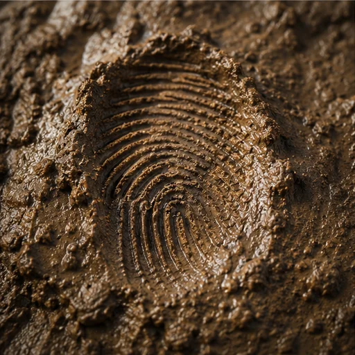 A single fingerprint pressed into wet clay — evidence held in the earth