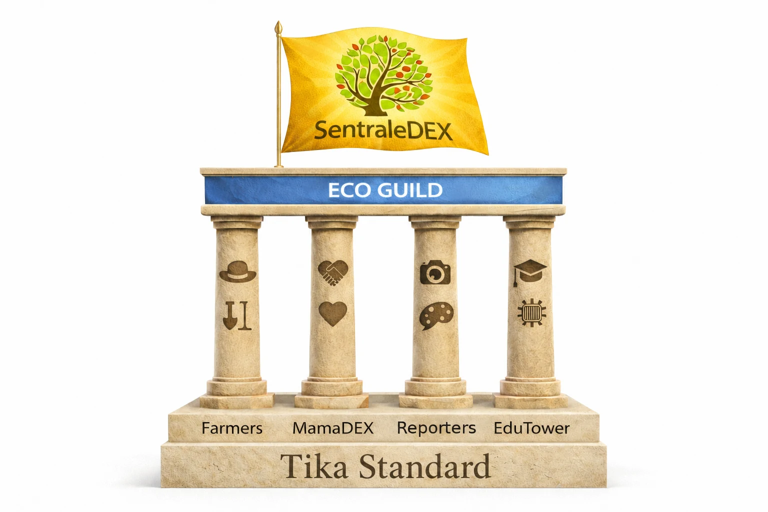 The Living Tower: four classical stone columns labelled Farmers, MamaDEX, Reporters, EduTower, rising from the Tika Standard foundation slab, topped by the Eco Guild entablature and the Buktika golden flag