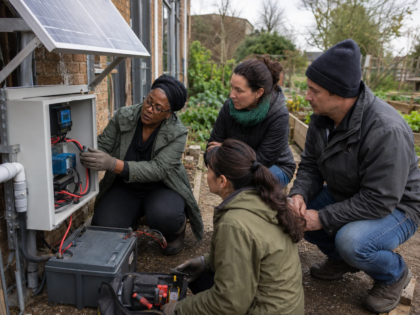 A skilled contributor demonstrates equipment care to adult community-centre operators who practise the task themselves.