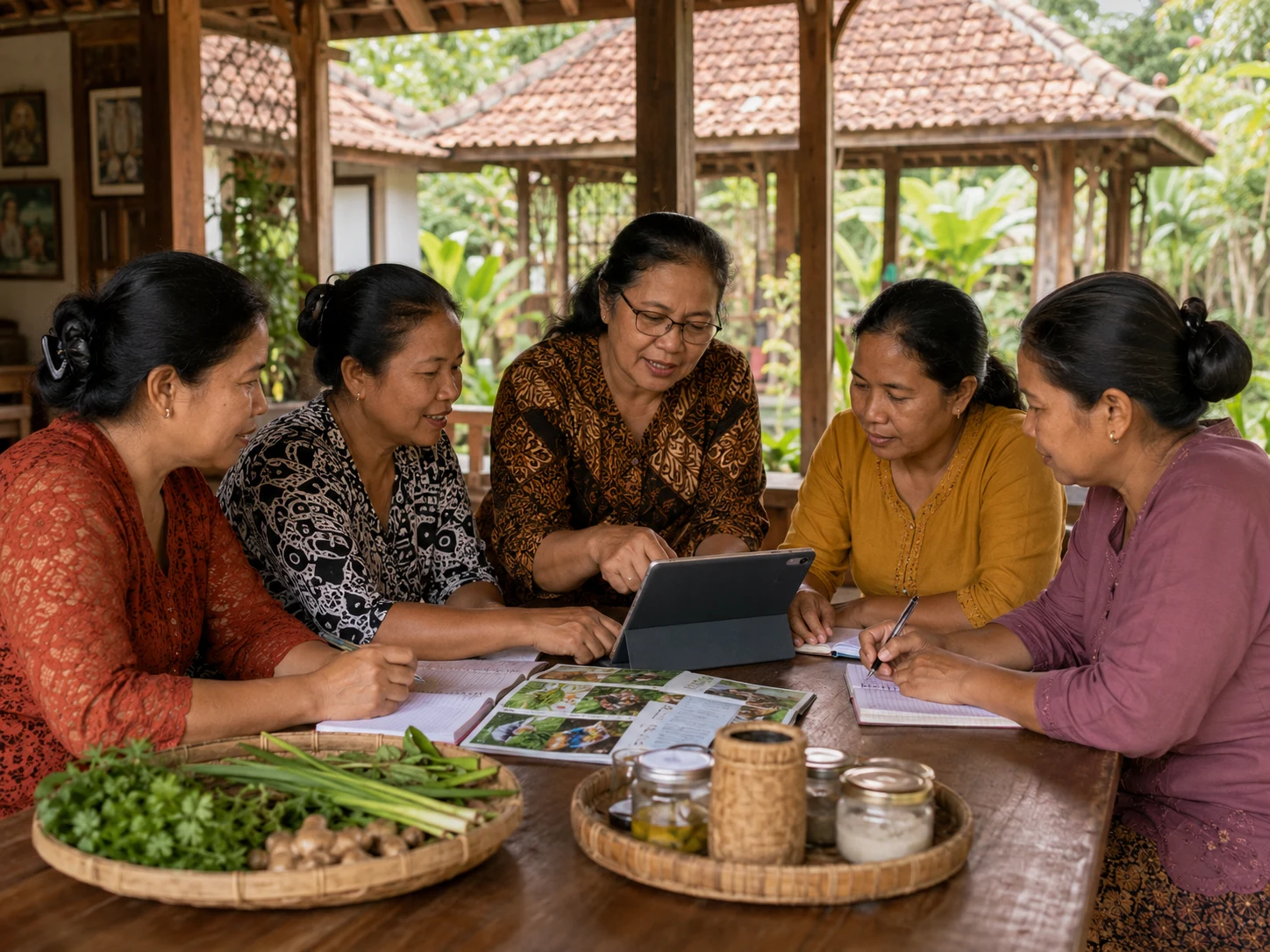 Adult Javanese women learn together around a tablet, notebooks and practical materials.