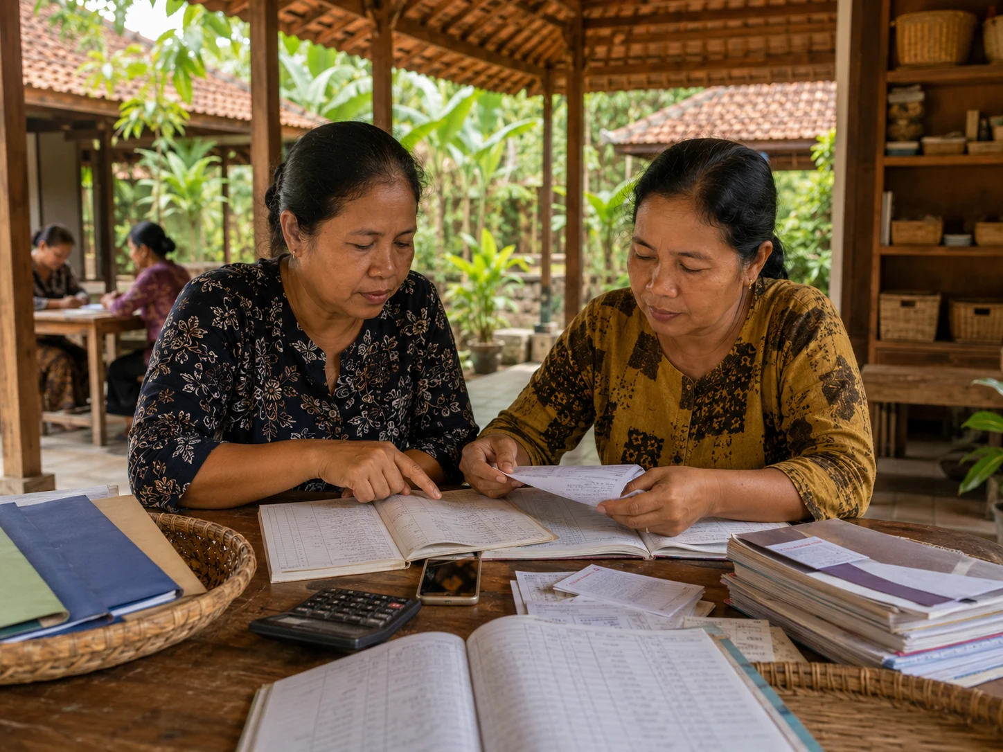 Two Javanese women review handwritten registers, receipts and centre records together.