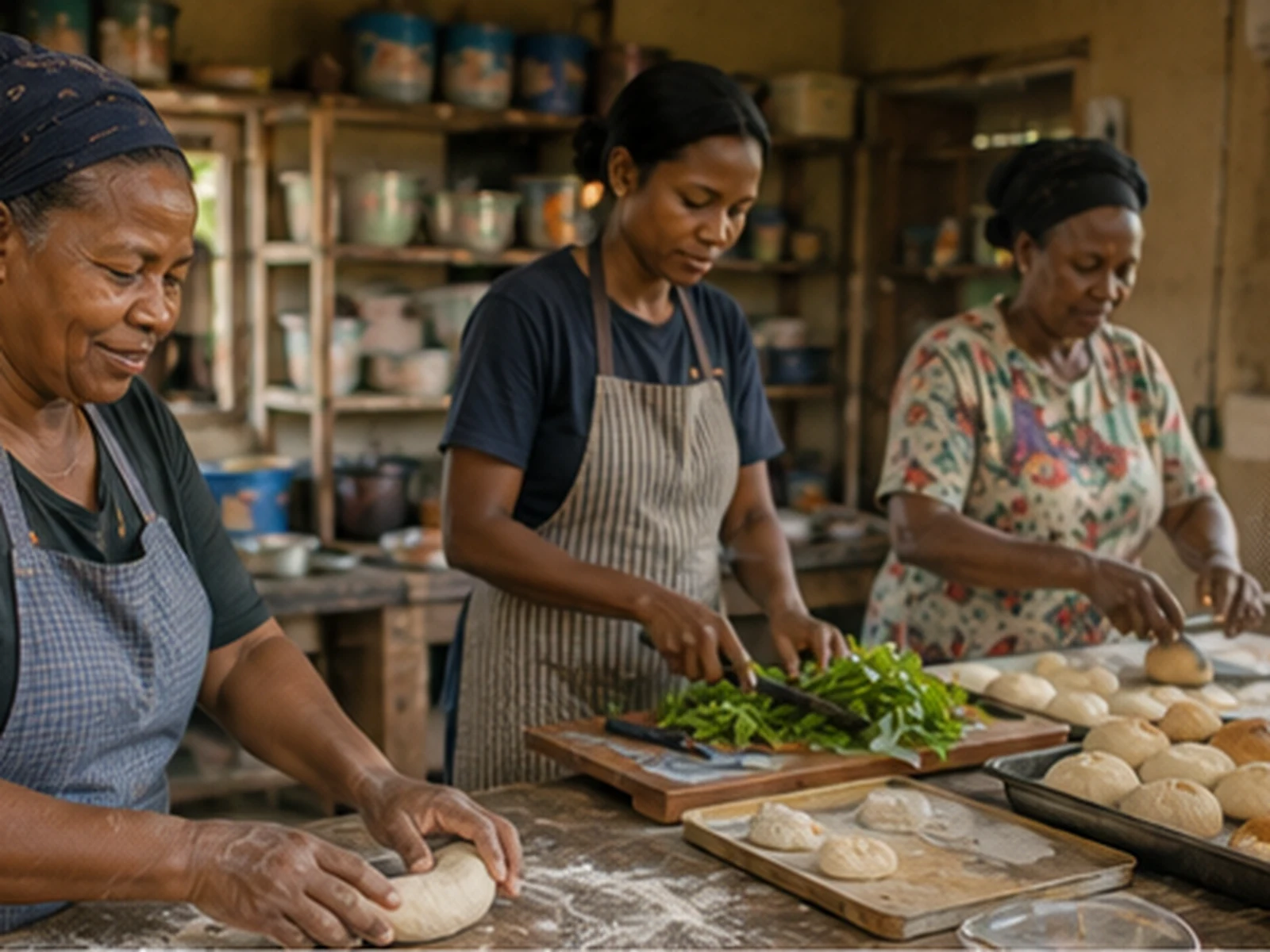 Three women bake bread together at a MamaDEX centre kitchen