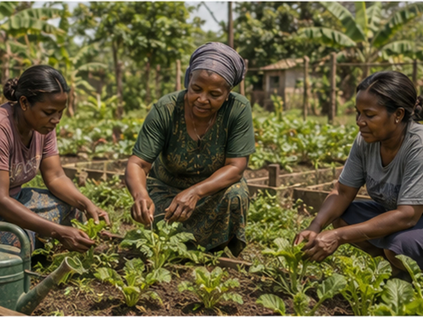 Three women tend a vegetable garden at a MamaDEX centre