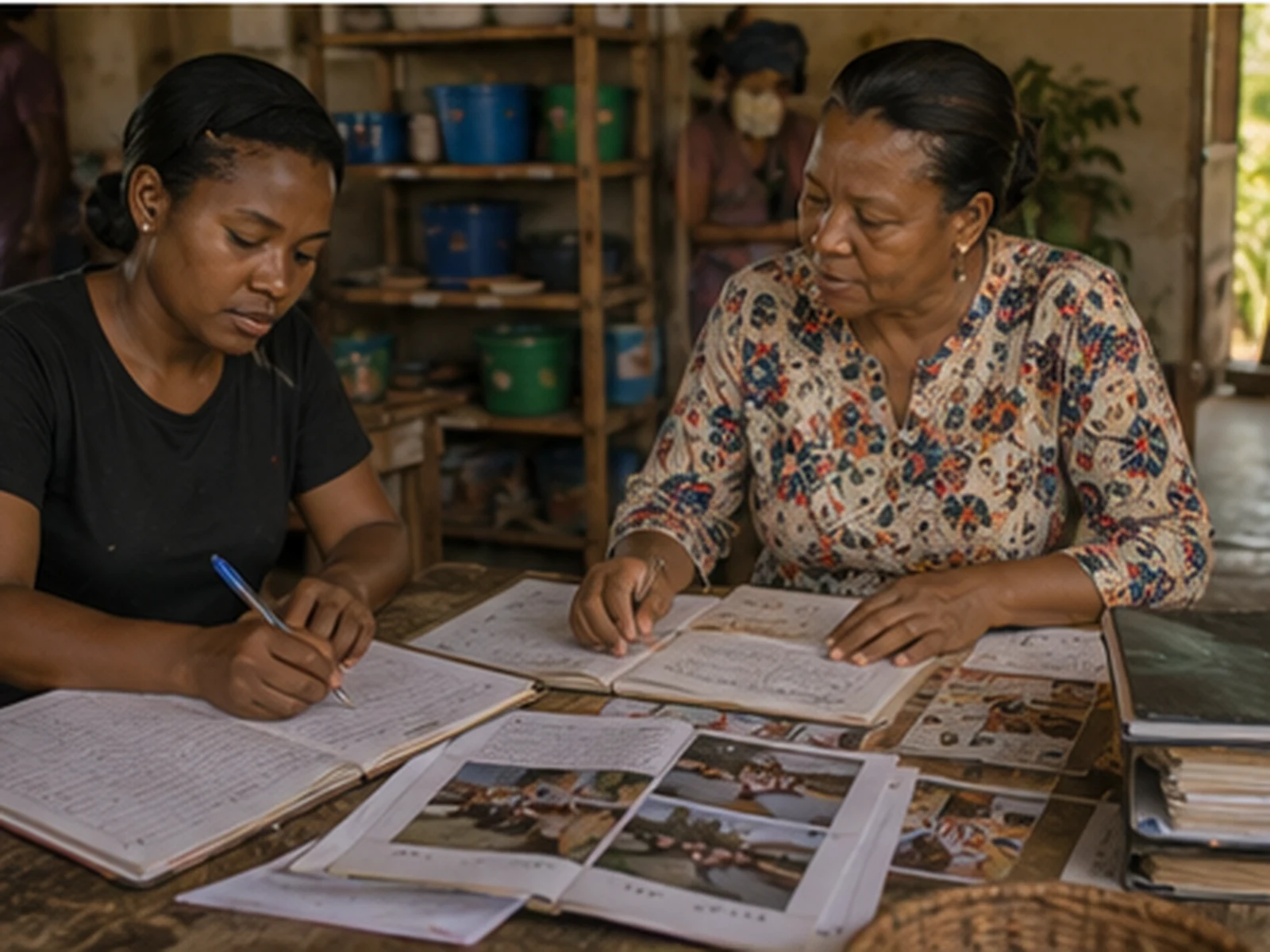 A Mama and a young woman go through handwritten record books together at a MamaDEX centre