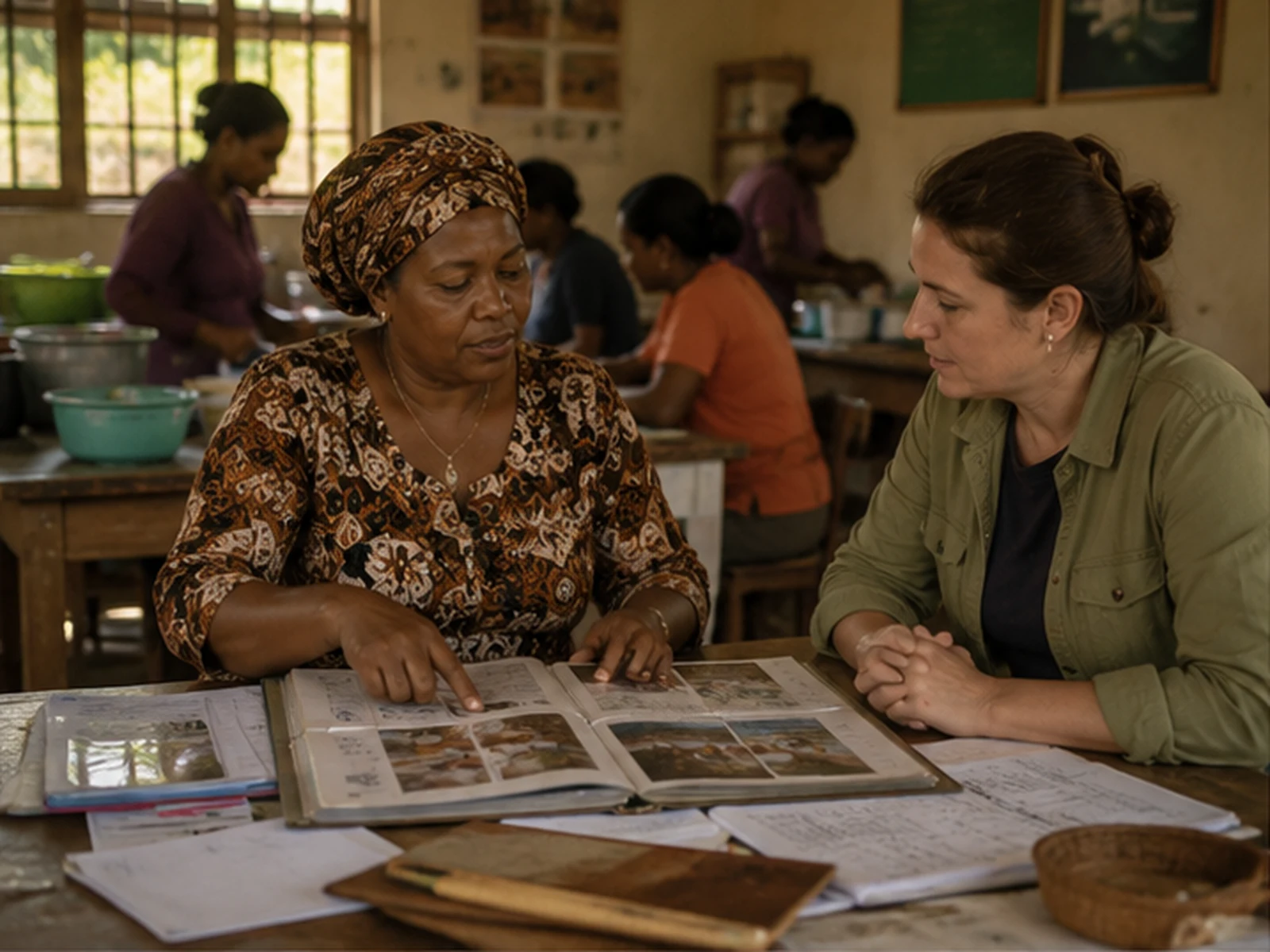 A Mama shows a photo and record album to a visitor at a MamaDEX centre kitchen table