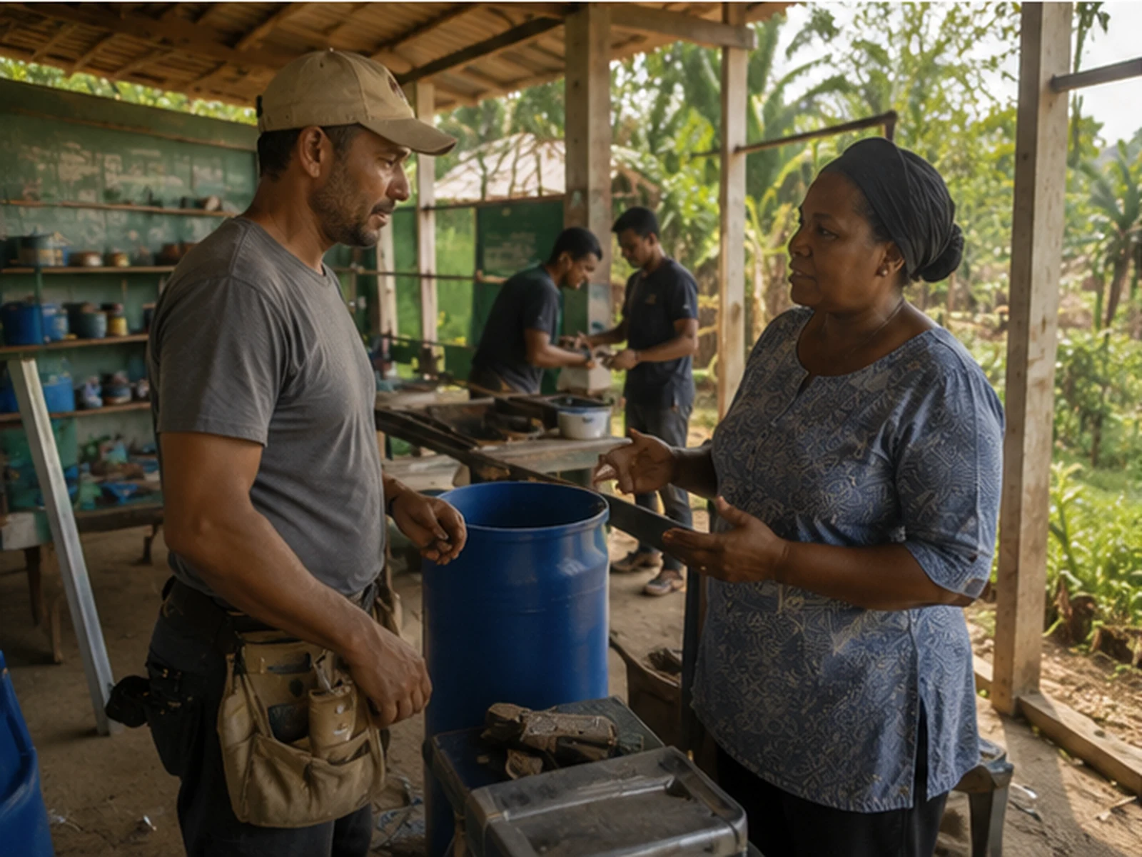 A man with a tool belt and equipment talks with a Mama at a workshop