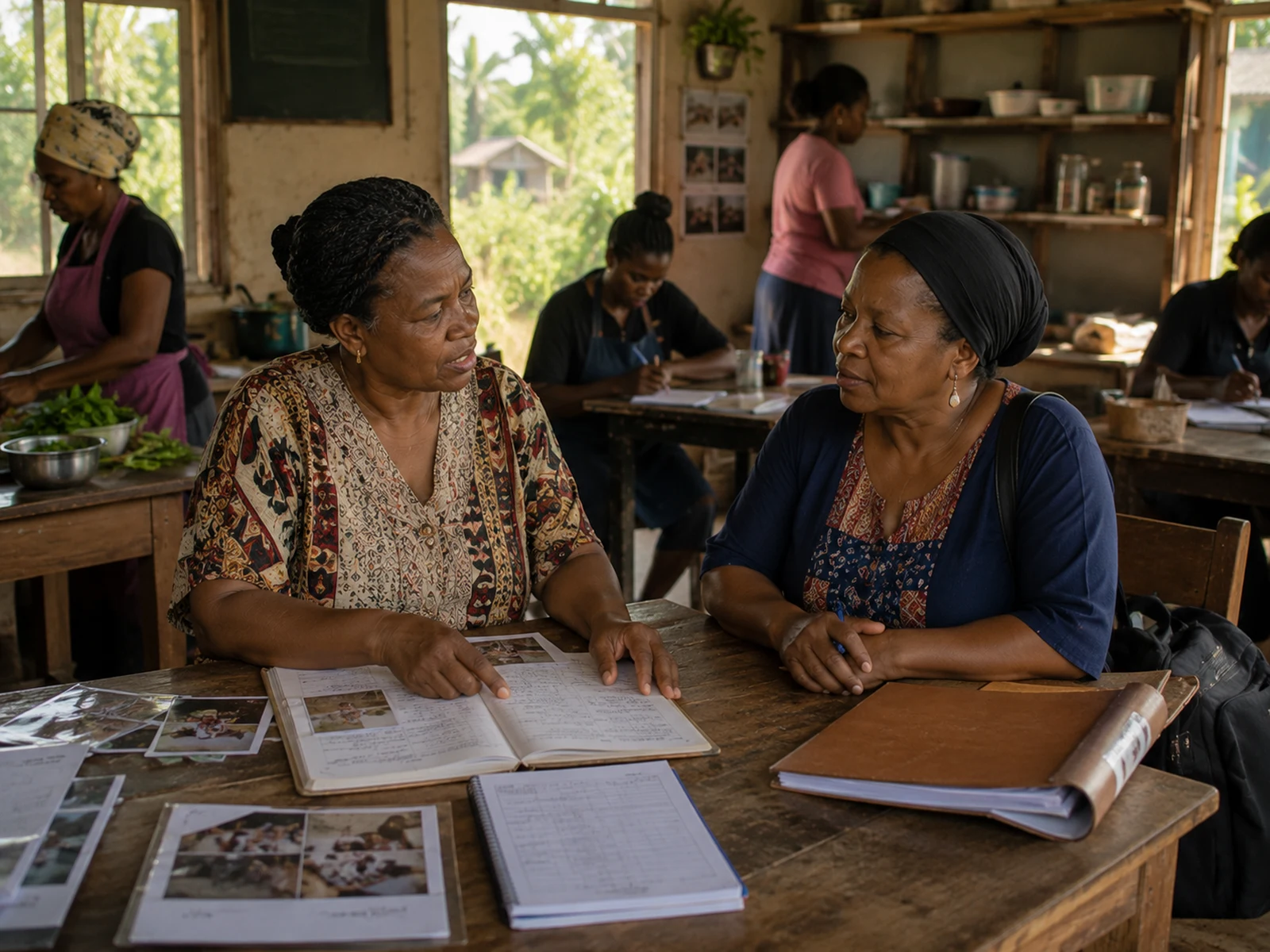 Two Mamas go through handwritten record books together at a community centre